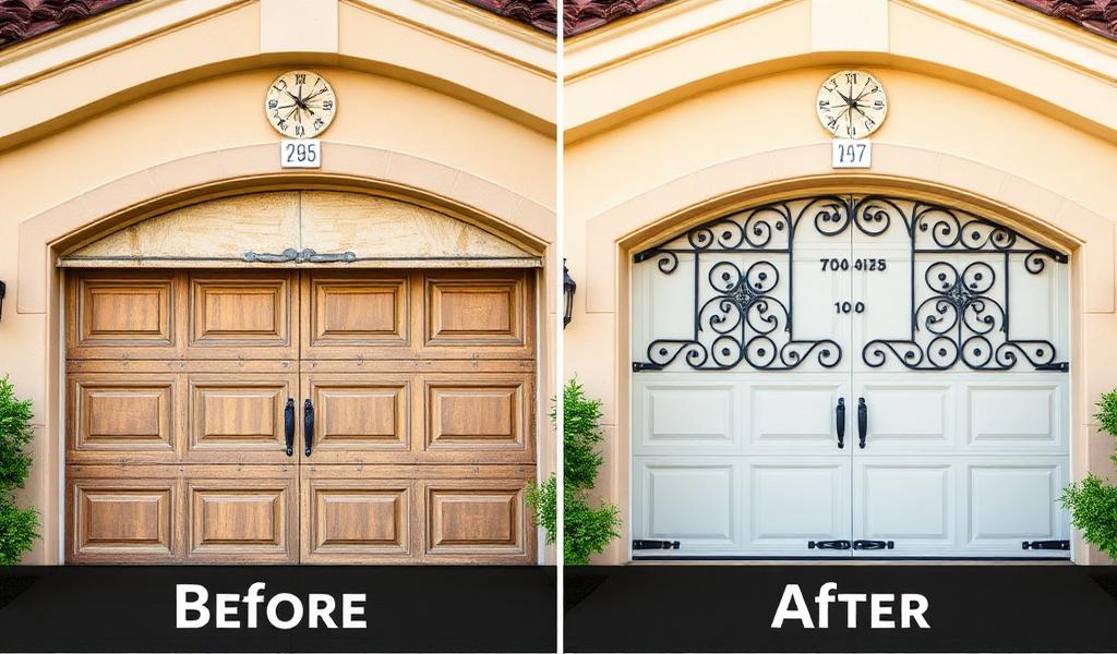 Before and after garage door installation in Sullivan, NH - Spanish colonial style with decorative iron grilles